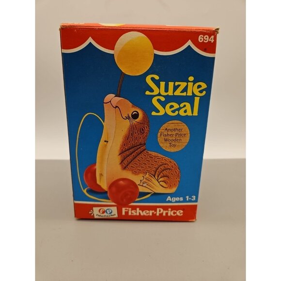 Vintage 1978 Fisher Price Suzy Seal #694 Wooden Toy In Box Works - Picture 1 of 11